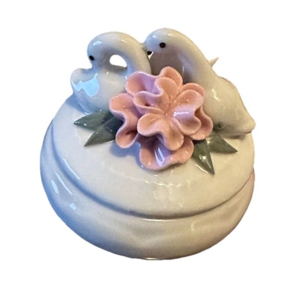 Vintage Double Swan Porcelain Jewelry Trinket Box Pink Floral Cottagecore DecorV